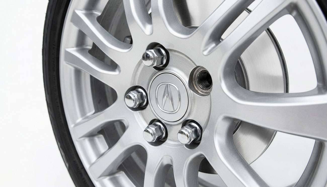 car wheel hub with four lug nuts installed and one empty lug hole showing a missing lug nut
