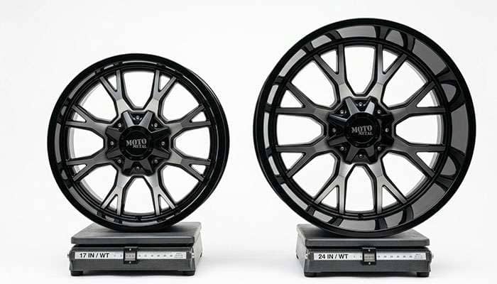 Comparison of a small diameter and large diameter truck wheel on a scale showing the difference in unsprung weight