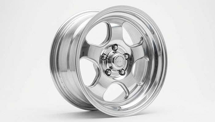 Modern reproduction five-slot mag wheel in polished aluminum