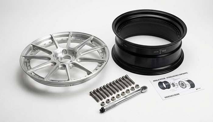 Modular forged wheel showing interchangeable component system