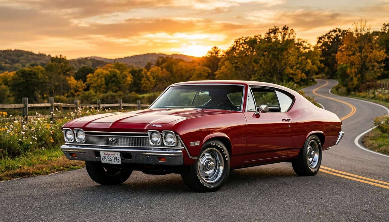 classic 1960s American muscle car with period-correct whitewall tires on chrome wheels parked on a scenic road