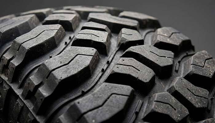 Macro close-up of mud-terrain tire tread block with visible stone ejector ribs