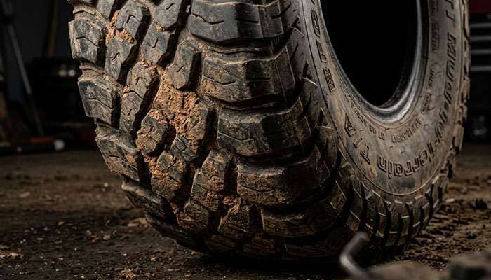 Aggressive mud-terrain tire tread pattern showing deep widely spaced lugs designed for maximum traction in mud and rock
