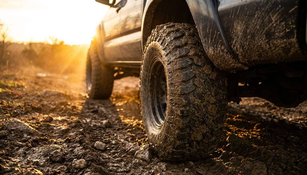 Close-up of a mud terrain tire gripping muddy, rocky terrain on an off-road vehicle at sunset