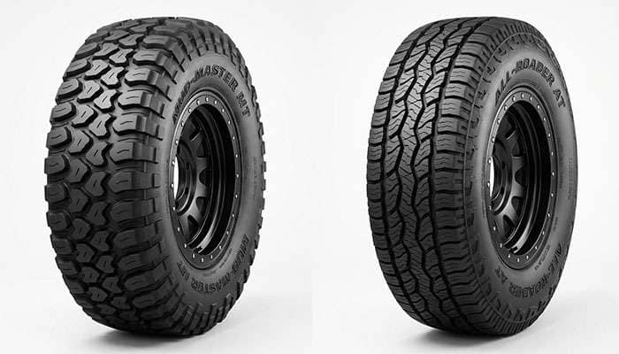 Close-up comparison of mud terrain and all-terrain tires side by side with a text overlay Mud Terrain vs All Terrain