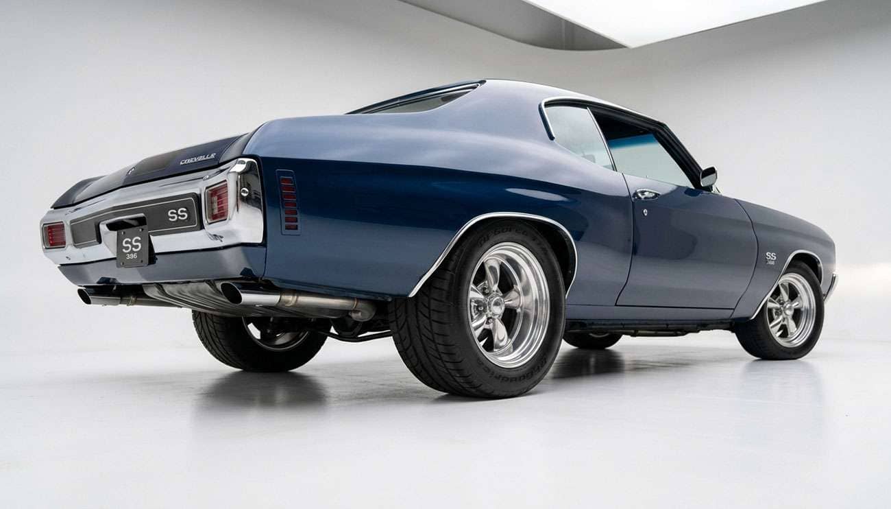 Classic muscle car rear quarter view showing wider rear tires and narrower front tires in a staggered wheel and tire setup