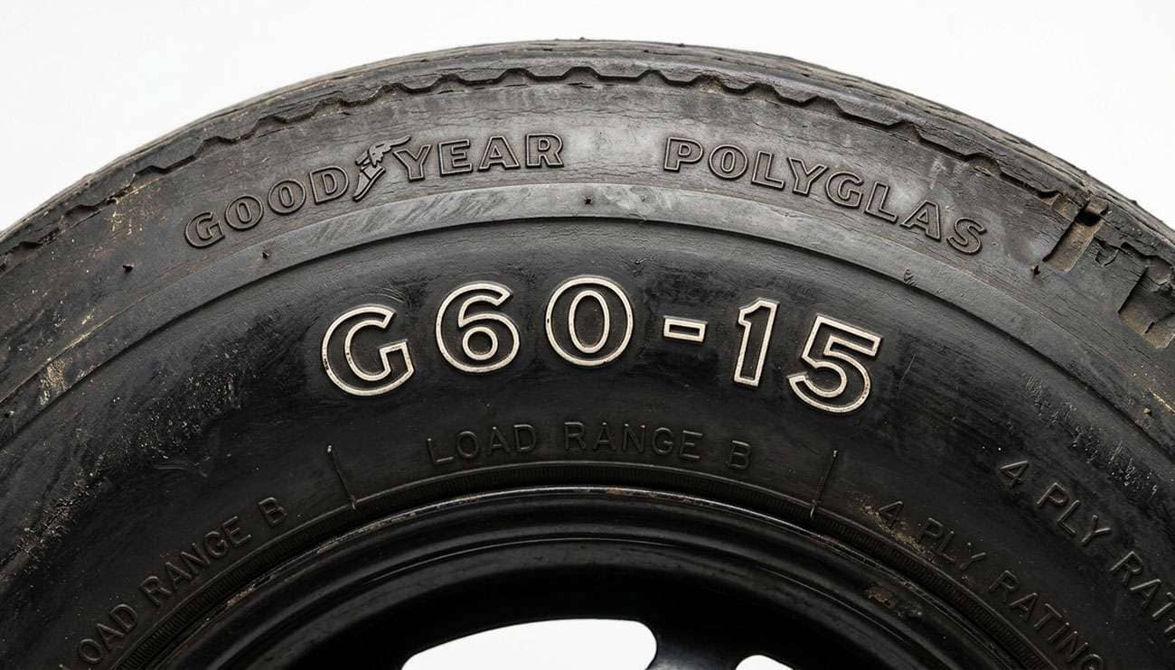 Close-up of a muscle car tire sidewall showing the alpha-numeric size G60-15