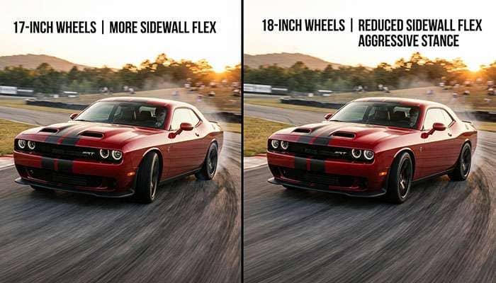 side by side comparison of 17 inch and 18 inch wheels on muscle car showing handling differences
