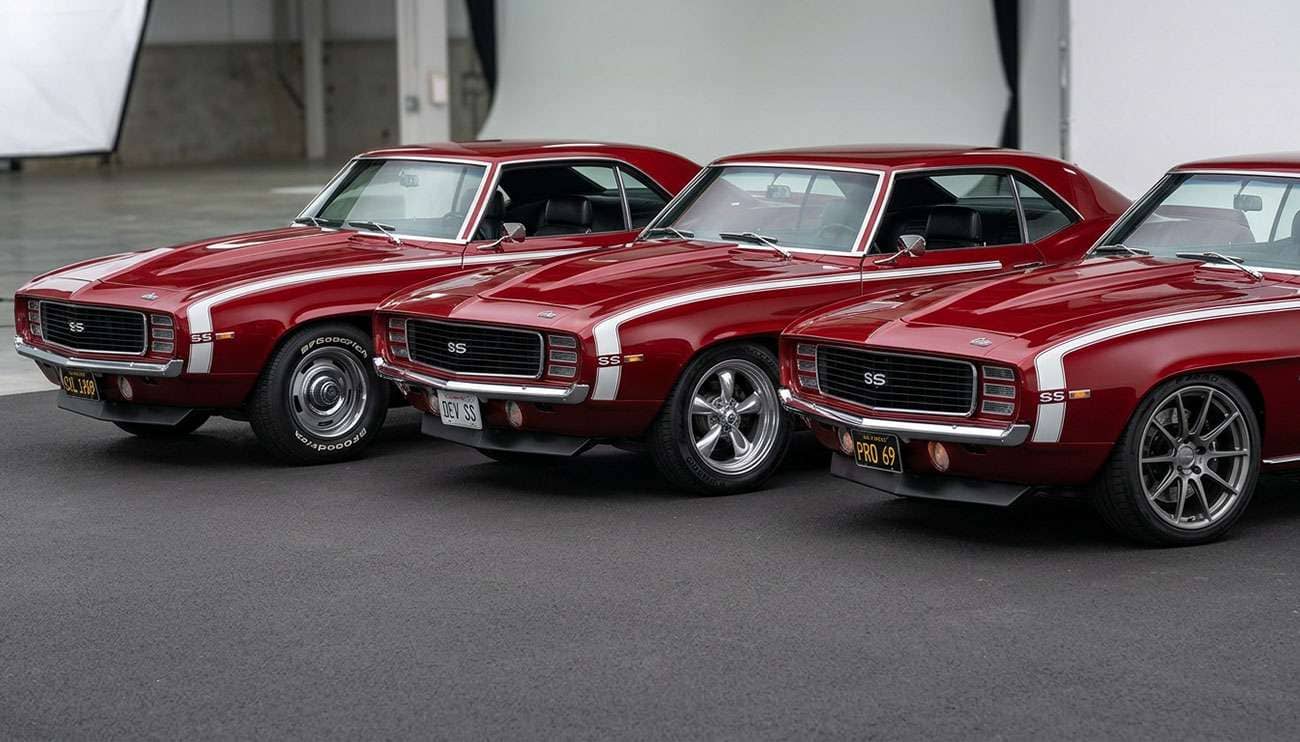 Three identical classic muscle cars side by side showing visual difference between 15 inch 17 inch and 18 inch wheel sizes