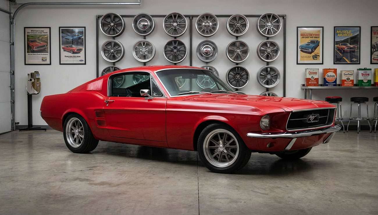 Red vintage Ford Mustang parked in front of various muscle car wheels displayed against a garage wall