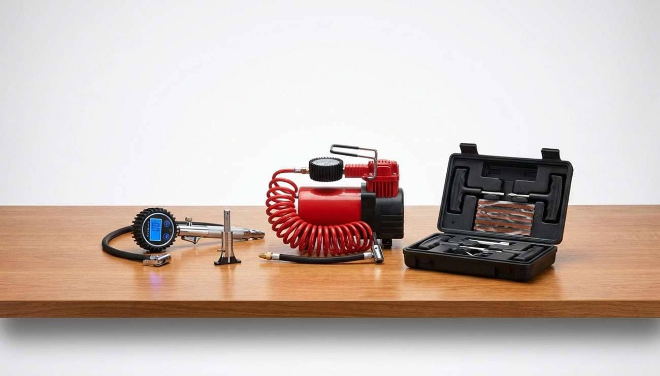 Essential tire tools including pressure gage, tread depth gage, portable air compressor, and tire plug kit arranged on workbench