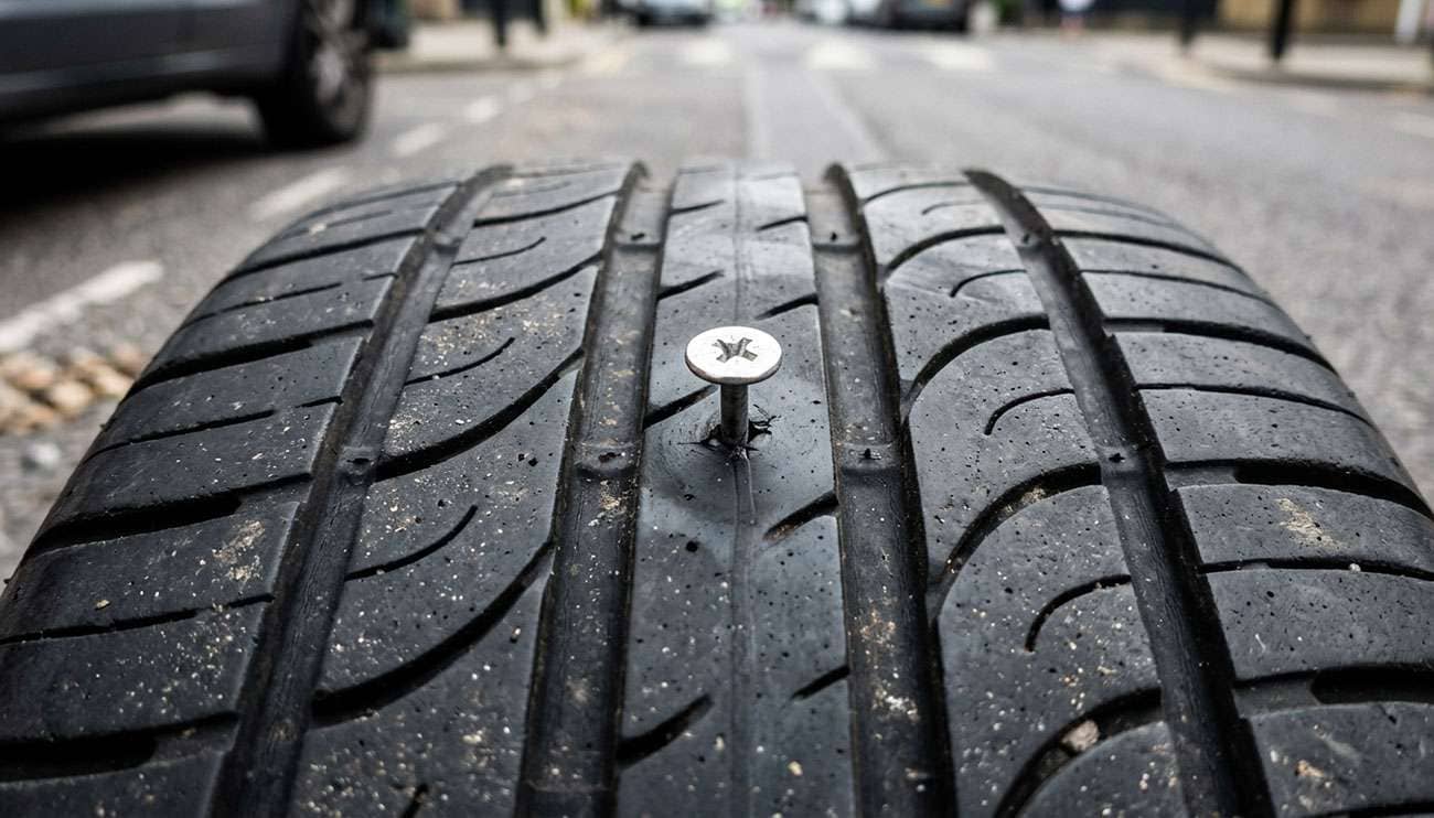 close-up of a nail embedded in a car tire tread with the vehicle parked showing the common roadside flat tire situation