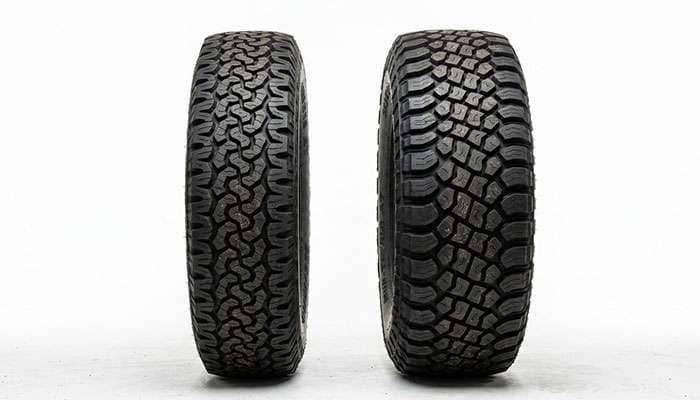 Side by side comparison of a narrow tall all-terrain tire and a wide flotation all-terrain tire of the same overall height