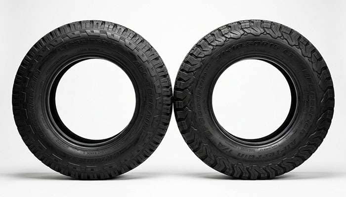 Straight-on comparison of a narrow tall light truck tire beside a wider light truck tire of the same overall height