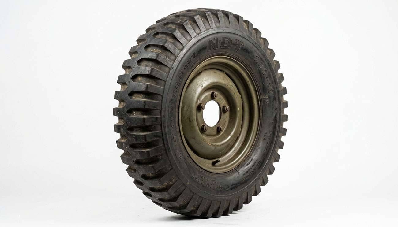 Vintage NDT bar-grip military tire showing the non-directional bar tread pattern