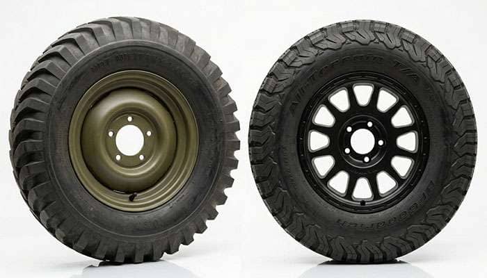NDT military bar-grip tire and a modern off-road tire shown side by side comparing tread