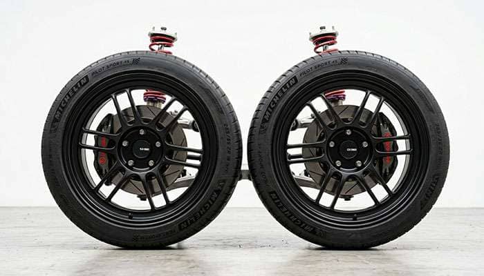 Front view of two car wheels showing negative camber tilt