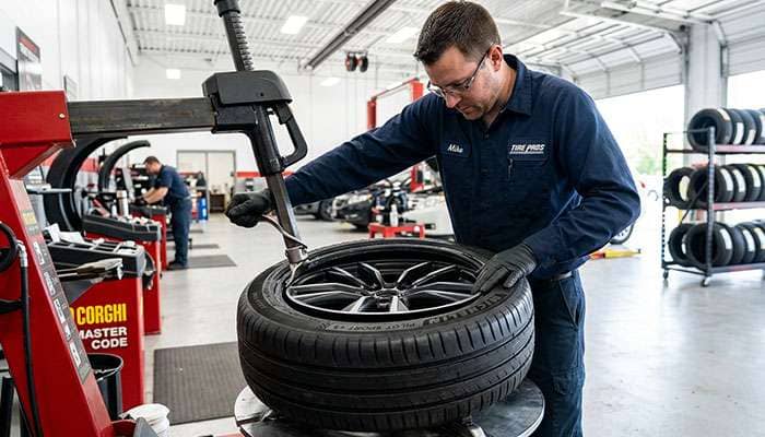 Technician mounting a new replacement tire on a wheel in a professional tire shop