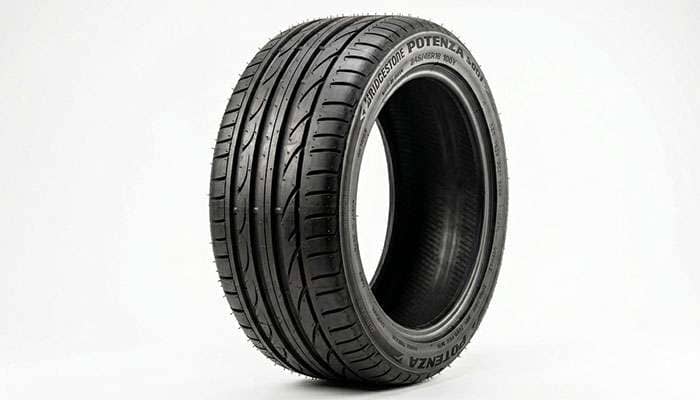 New tire fresh from the curing mold showing vent spews across the tread and sidewall