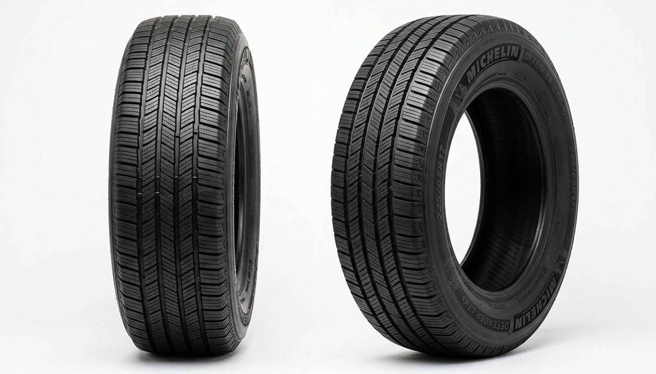 Two brand new tires with deep tread standing side by side representing a fresh pair headed for the rear axle