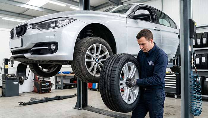Technician mounting a new tire on the rear axle of a sedan while the older tires sit on the front
