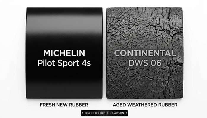 Side-by-side comparison of fresh new tire surface and aged cracked tire sidewall