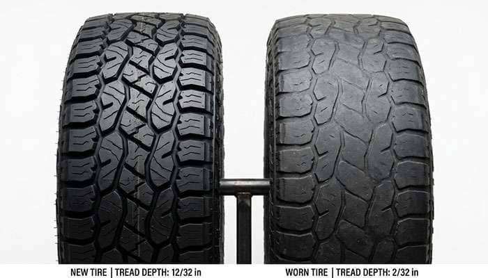 Side-by-side comparison of new tire tread versus worn tire tread showing depth difference