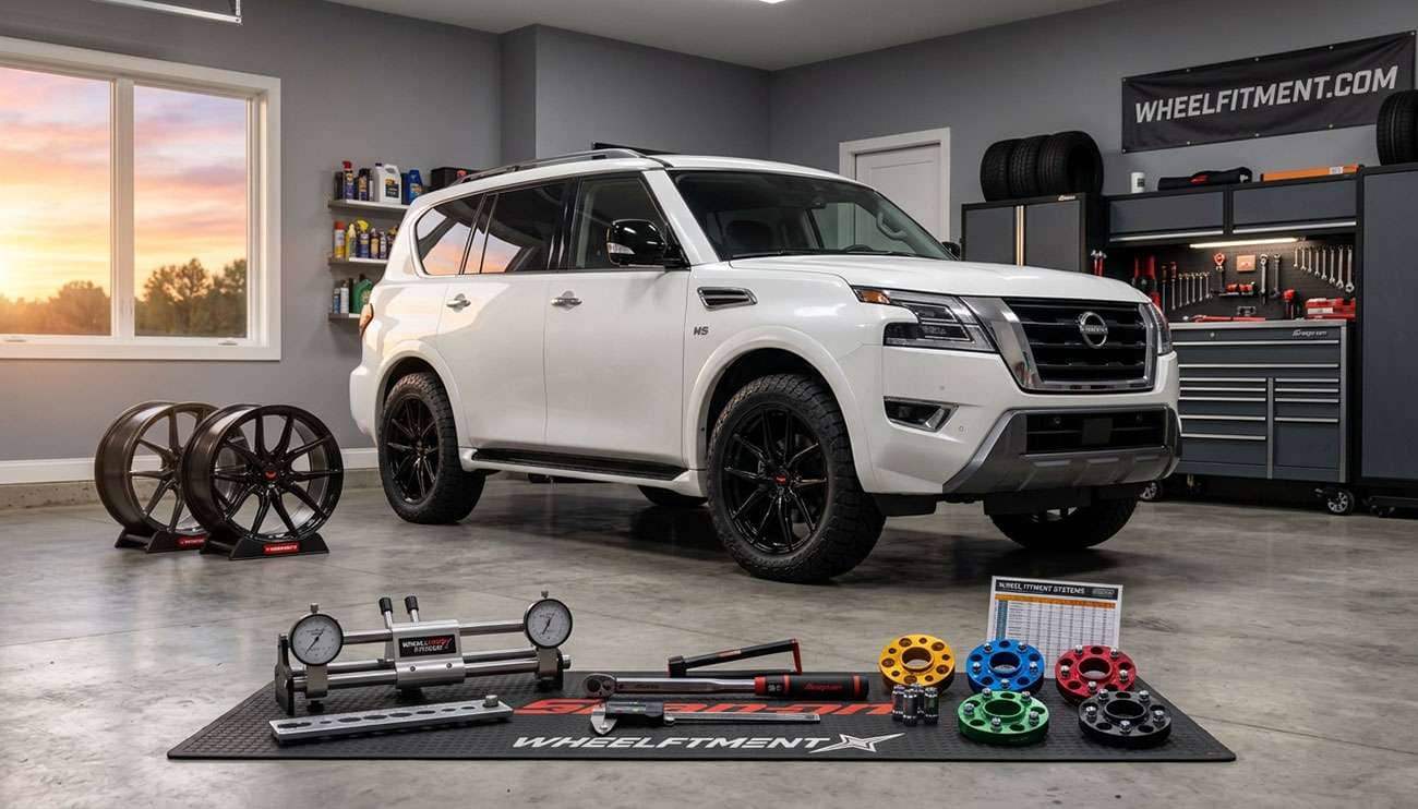 White Nissan Armada in a garage with aftermarket wheels and fitment tools displayed in front of it at sunset.