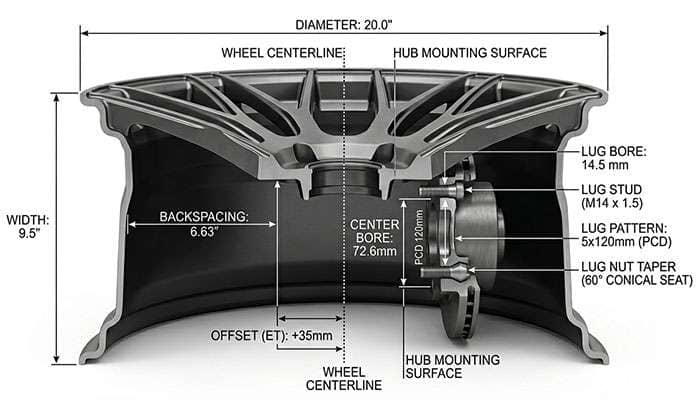 Diagram showing wheel bolt pattern measurements including offset, backspacing, diameter, width, center bore, bolt pattern, lug nut taper, lug stud, and lug bore.