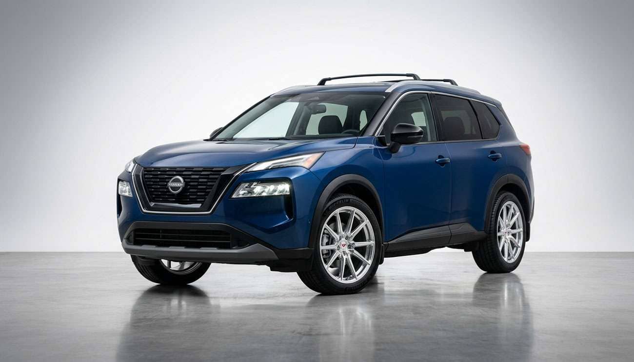 Nissan Rogue with aftermarket alloy wheels on a clean studio surface showing upgraded wheel fitment and stance