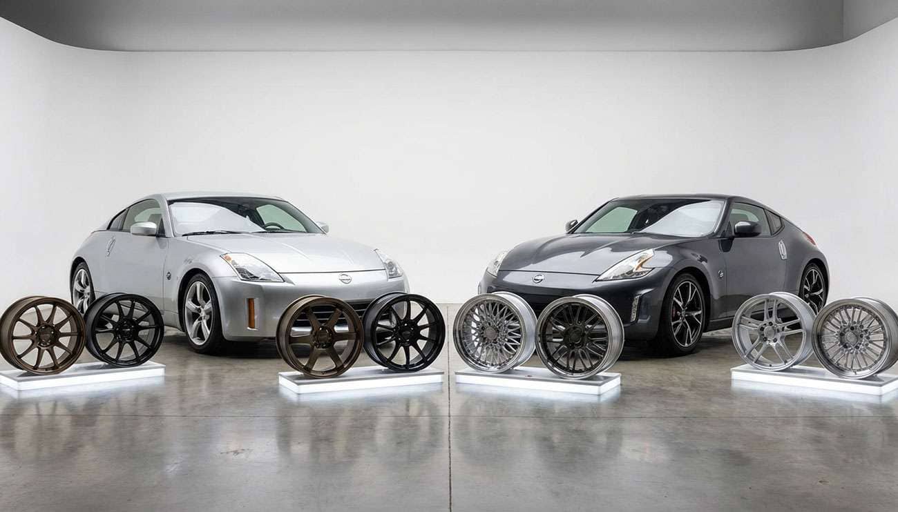 Two Nissan 350Z/370Z cars in a garage with various aftermarket wheels displayed in front of them