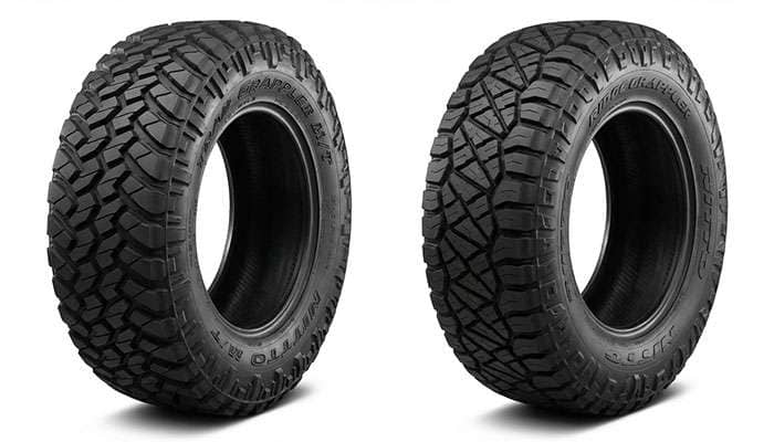 Comparison of Nitto Trail Grappler M/T and Ridge Grappler tires highlighting offroad features and tread designs