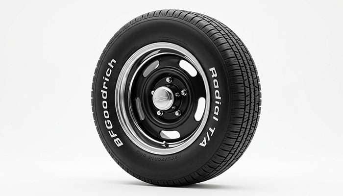 14x7 chrome-trim rally wheel with a raised white letter 70-series tire on a Nova SS