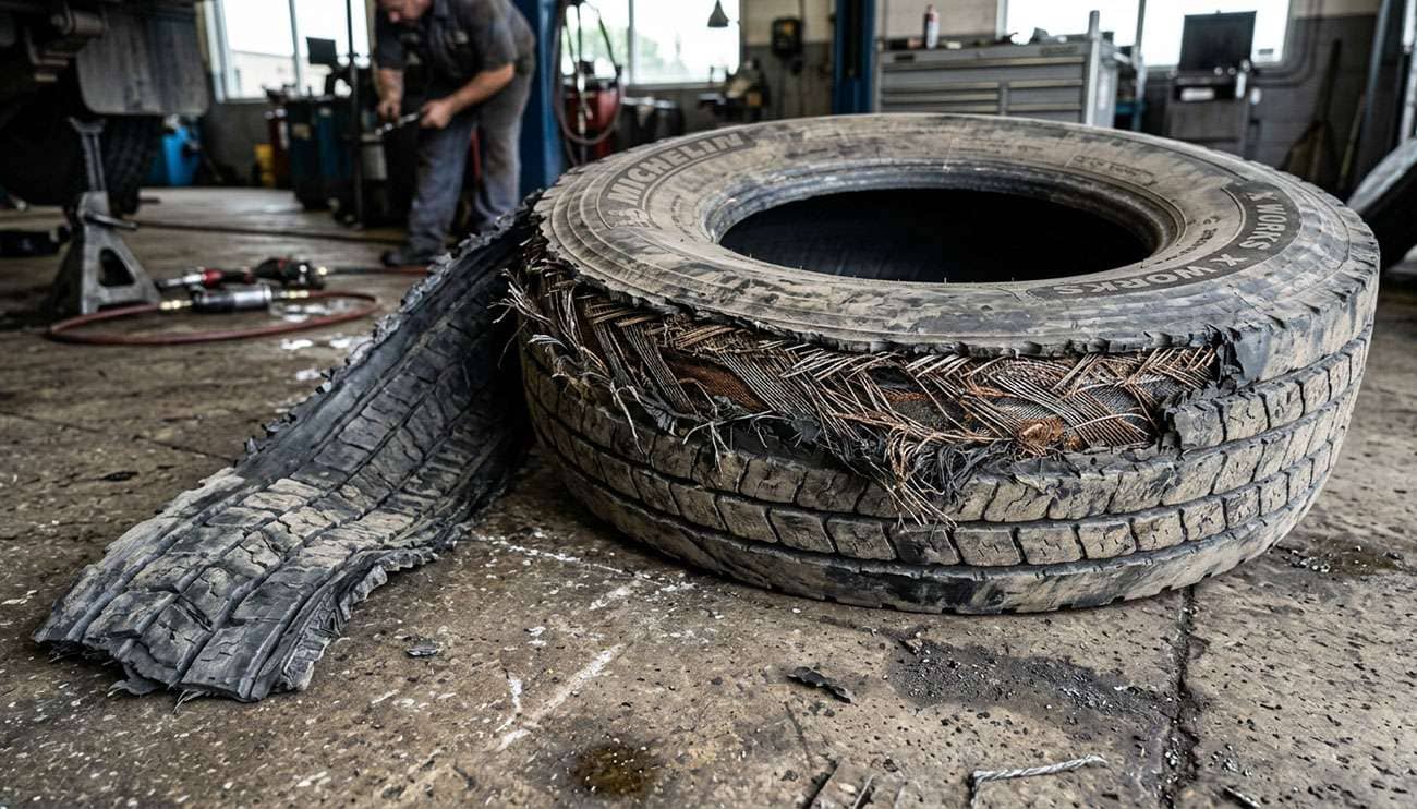Failed truck tire with separated tread and exposed steel belts lying on shop floor