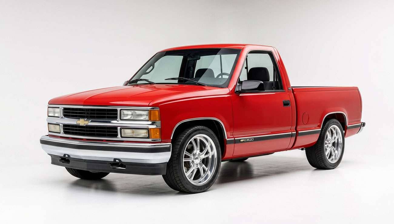 1990s OBS Chevy C1500 pickup on polished aftermarket wheels with low profile tires