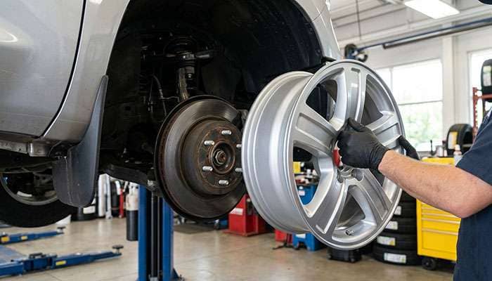 Hub-centric replica truck wheel center bore lined up with a pickup truck hub during installation