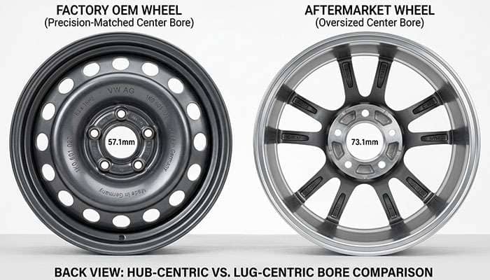 Side-by-side back view comparison of an OEM wheel with precision-matched center bore and an aftermarket wheel with oversized center bore showing the fitment difference