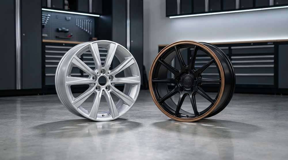 Side-by-side comparison of a silver OEM wheel and a black aftermarket wheel with a bronze rim in a garage setting