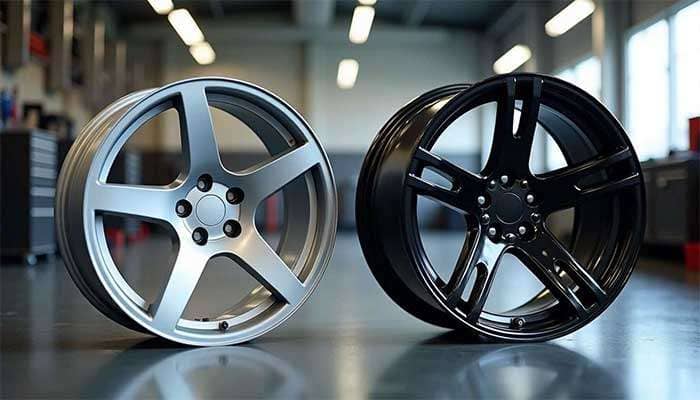 Side-by-side comparison of a silver OEM wheel and a black aftermarket wheel on a workshop floor