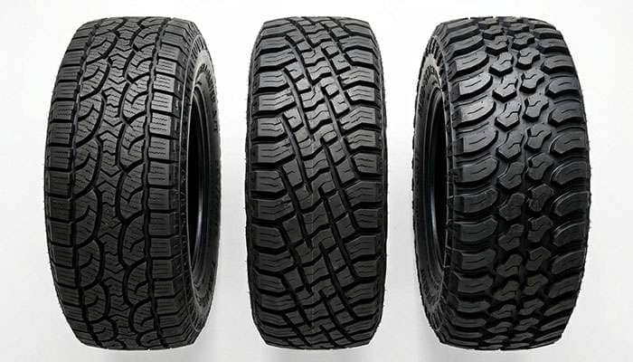 Top-down comparison view of three tread block patterns showing increasing aggression from all-terrain to rugged-terrain to mud-terrain on a clean white studio backdrop