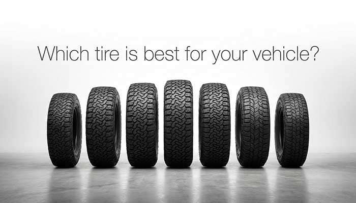 Seven different off-road tires lined up side by side with text asking which is the best tire for your rig