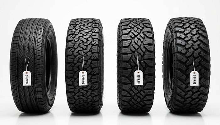 Four off-road tires of different categories lined up showing price tags and mileage ratings to illustrate cost per mile differences