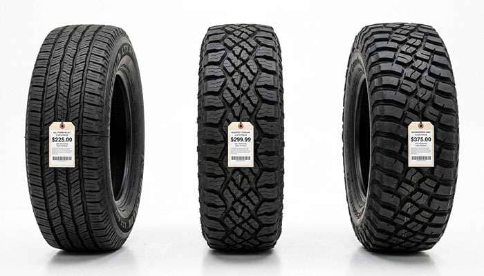 Four off-road tires of different categories on a clean white surface with cost comparison data