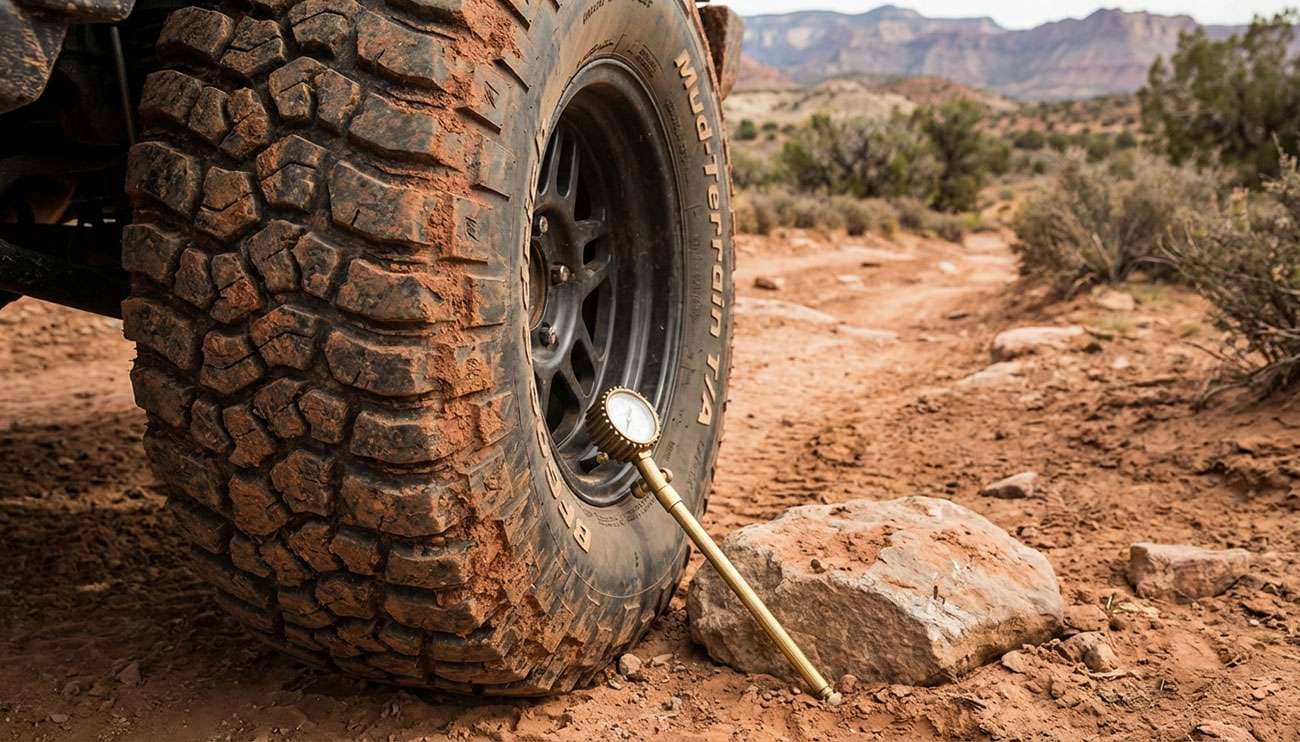 Close-up of a rugged off-road tire on a muddy trail with a tire pressure gauge nearby in a desert setting