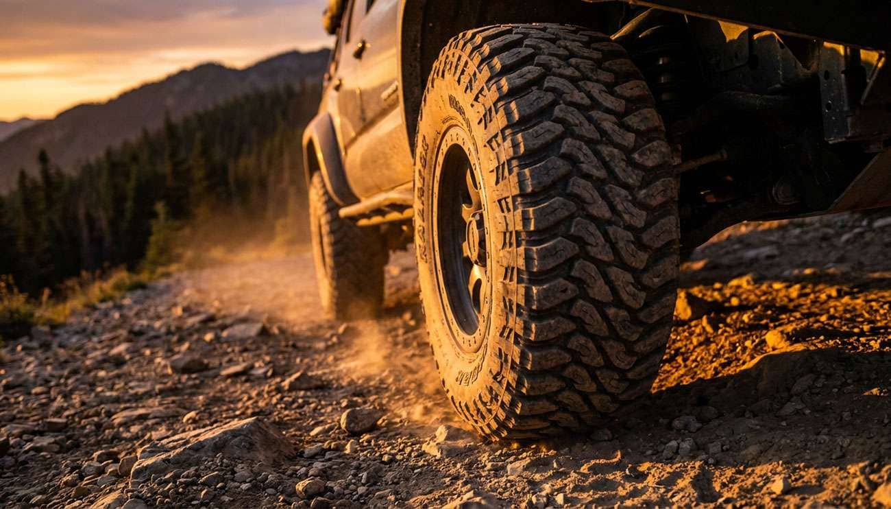 Close-up of rugged off-road tire on a vehicle driving on a rocky dirt trail at sunset in a forested area