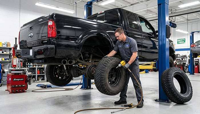 Mechanic rotating off-road tires on a lifted truck in a shop showing proper five-tire rotation maintenance