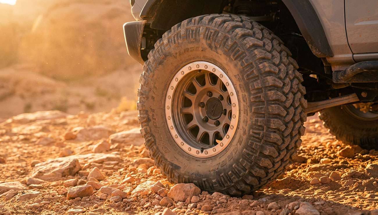 Close-up of a rugged off-road tire on a vehicle driving over rocky desert terrain at sunset
