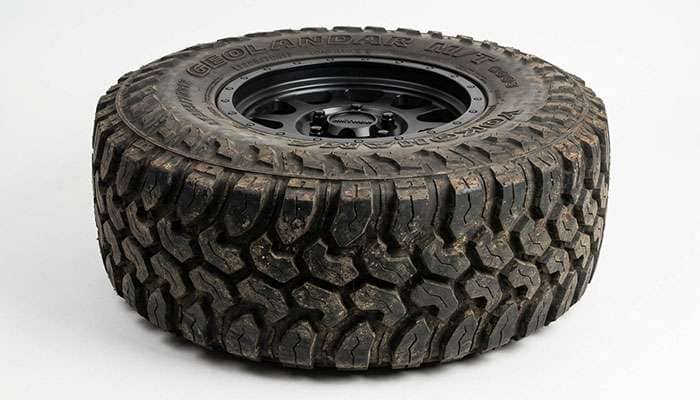 Aggressive off-road tire tread blocks and deep voids close-up