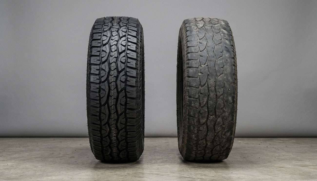Side by side comparison of a new off-road tire with deep tread next to a worn off-road tire showing reduced tread depth
