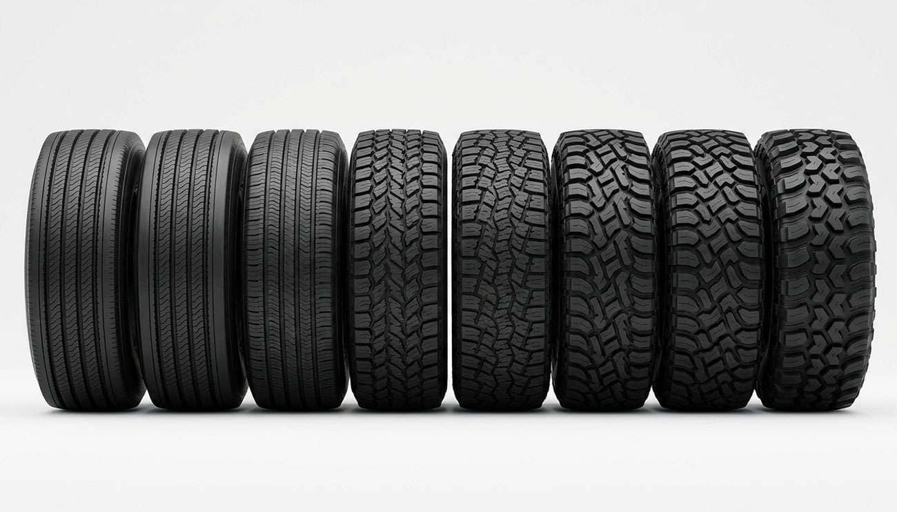 Eight different off-road tire types arranged in a row showing tread pattern differences from highway terrain to mud terrain